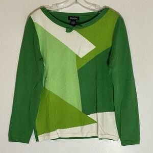 Hampshire Studio Sweater Womens Large Green White Abstract Tie Collar Accent 90s